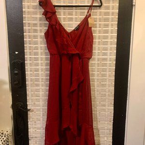 MAX + ASH Dress Red Burgundy Maroon Ruffle Flowy Shoulder Cocktail Wedding Midi